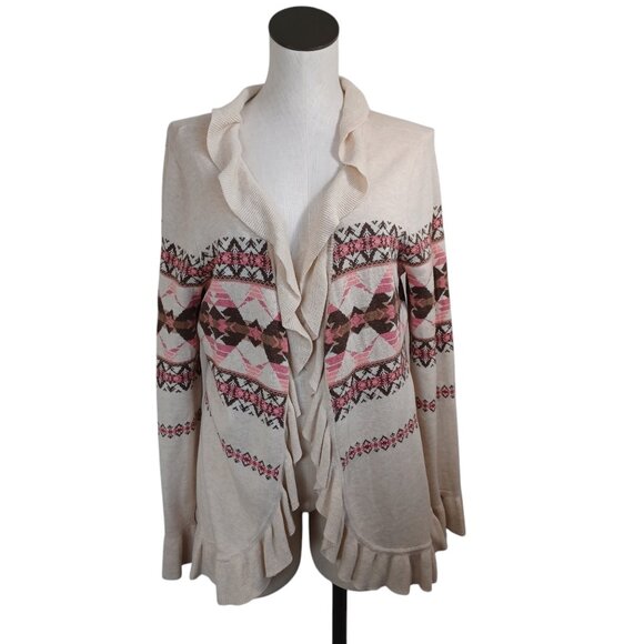 Pendleton Cardigan Ruffle Waterfall Style Cotton Aztec Neutral Print Women Large - Picture 15 of 15